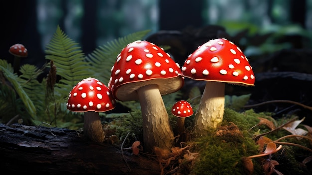 Fly agaric mushrooms growing on forest floor created with Generative AI technology