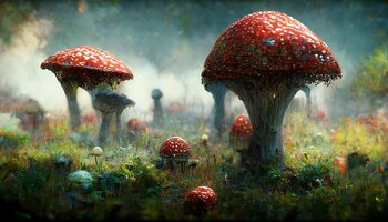 Funghi velenosi di psilocibina rosso agarico nella foresta primo piano dell'illustrazione iperrealistica di fantasia