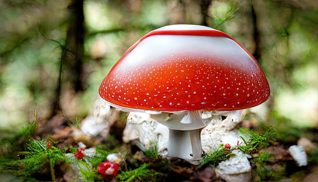 Fly Agaric red and white poisonous mushroom or toadstool background in the forest