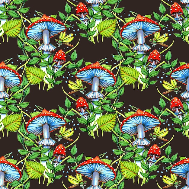 Fly agaric seamless pattern design in handdrawn style mushrooms and greenery elements ethnic forest seamless print