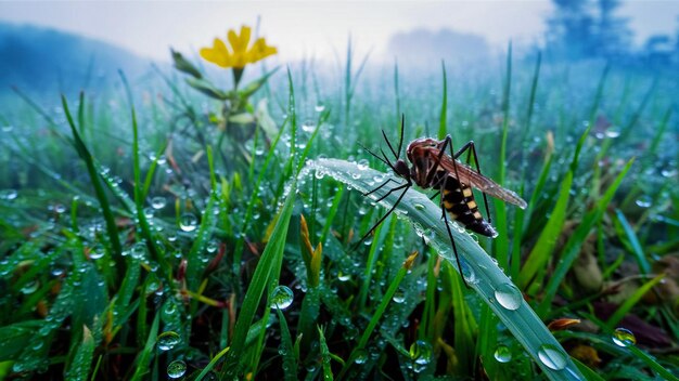 Photo a fly on a blade of grass with water drops