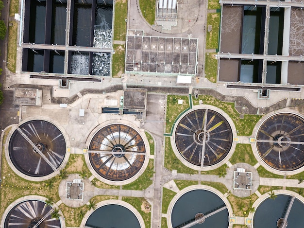 Fly drone over Sewage treatment plant