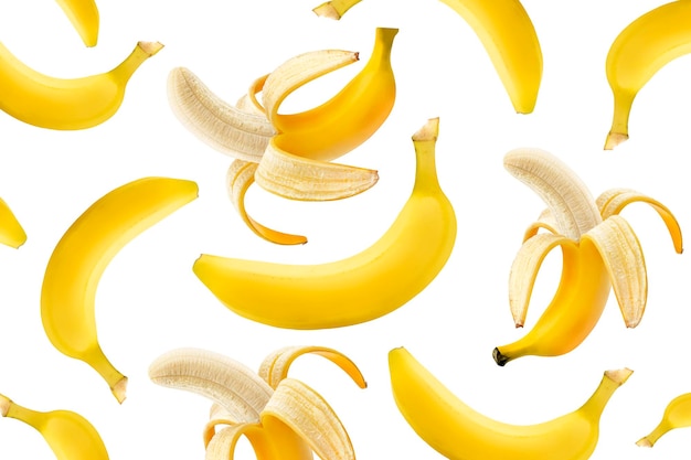 Photo fly fresh yellow bananas on white plane background