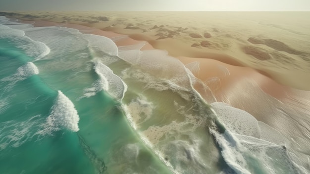 Fly over shot down coastline of private beach Generative ai