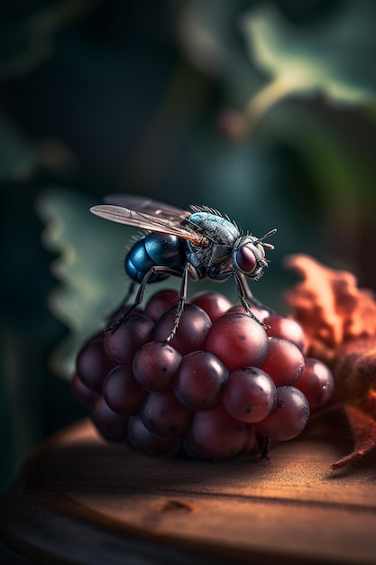 A fly sits on a bunch of grapes