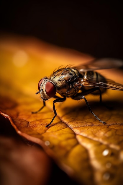 Photo a fly sits on a leaf in front of a dark background.