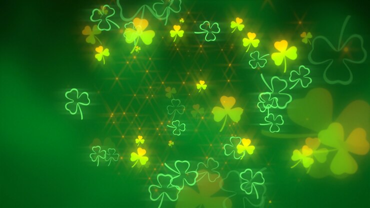 Photo fly small green shamrocks on saint patrick day shiny background
