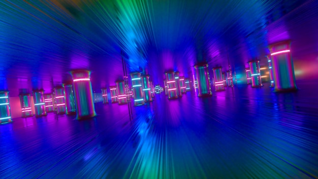 Fly through a futuristic corridor along neon glass pillars and columns