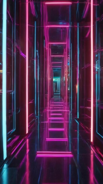 Photo fly through a futuristic corridor along neon glass pillars and columns