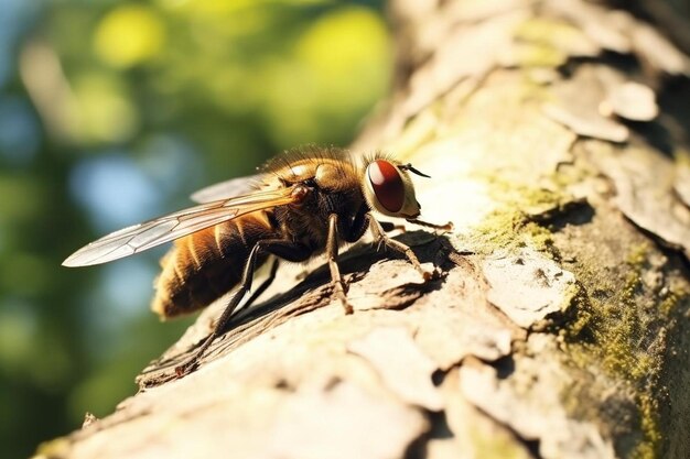 Photo a fly on a tree branch with a blurry background