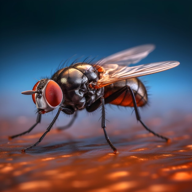 A fly with a blue background and a black and red face.