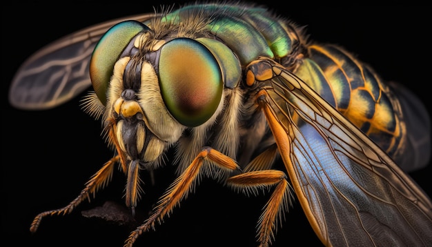 A fly with a green and blue eyes sits on a black background.