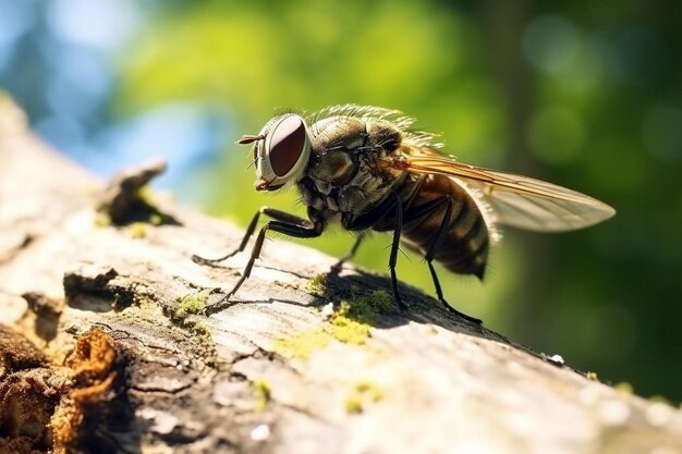 Photo a fly with a large lense on its head sits on a tree branch