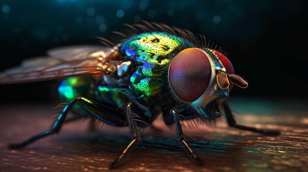 A fly with a rainbow colored eye