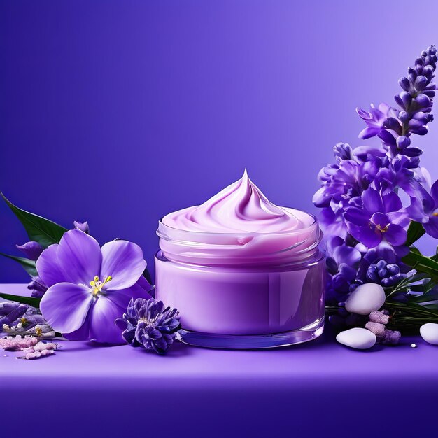 Photo flyer for a cosmetic brand purple flowers womens cream