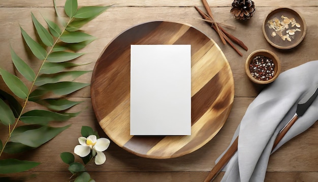 Flyer PSD mockup on wooden plate in flat lay style