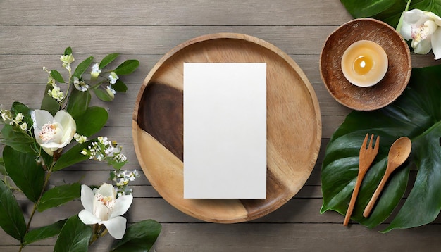 Flyer PSD mockup on wooden plate in flat lay style