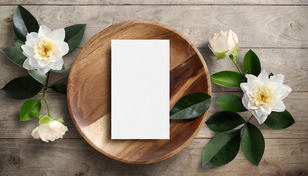 Flyer PSD mockup on wooden plate in flat lay style