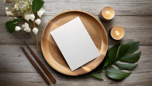 Flyer PSD mockup on wooden plate in flat lay style