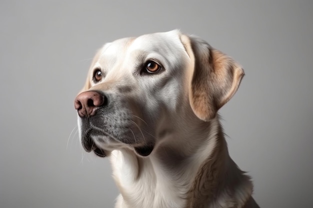 白いスタジオの背景に孤立してポーズをとっている血統犬ラブラドール・レトリバーの肖像画のフライヤー