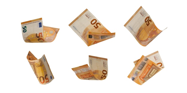 Banconote volanti da 50 euro isolate su sfondo bianco