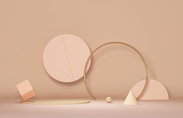 Flying abstract geometric shapes with podium on beige and coral colors scene 3d render