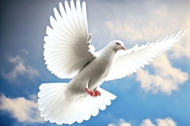 平和を象徴する空を飛ぶ白い鳥鳩