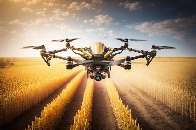 Flying agronomist drone over field with ripe crops