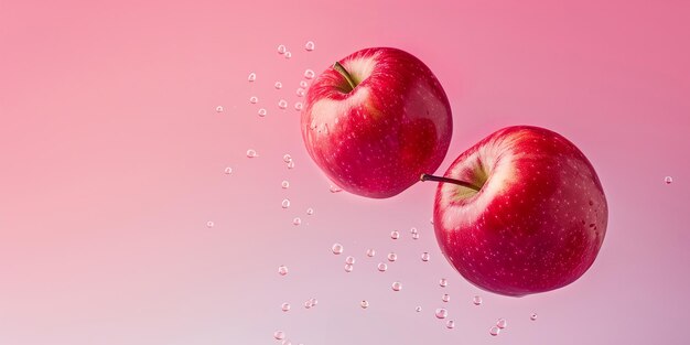 Flying in air red fresh whole and cut apples over yellow background food levitation concept