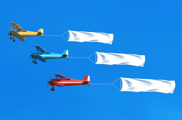 Photo flying airplane and banner on blue sky