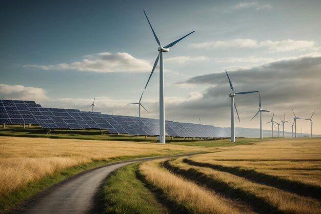 緑のフィールド上の太陽電池パネルの素晴らしい景色を飛ぶ