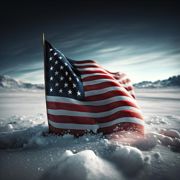 Flying American flag stuck in the snow