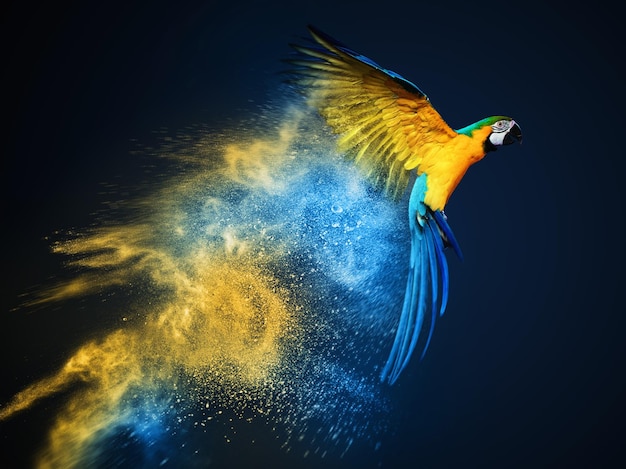 Летающий попугай над красочным взрывом пороха