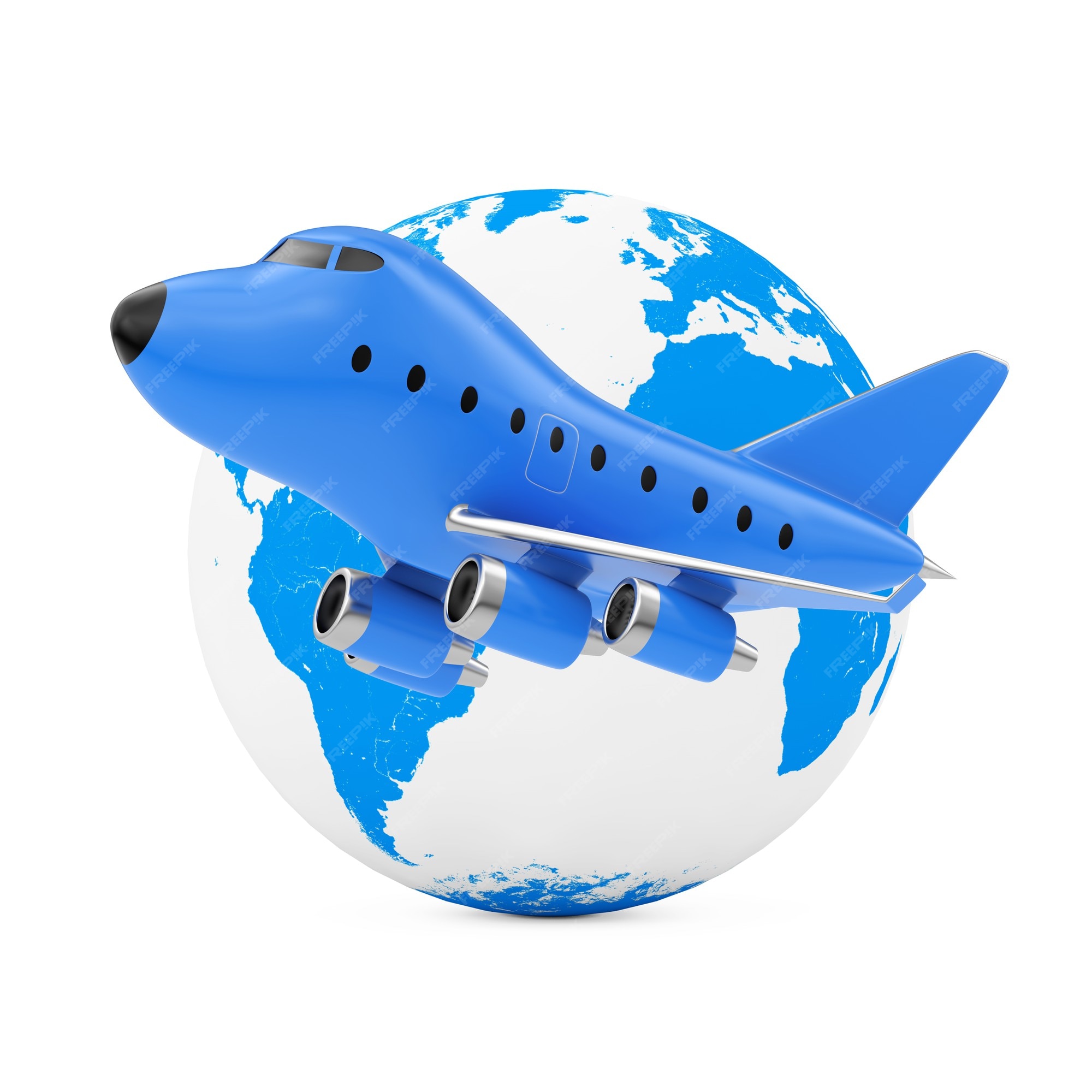 Premium Photo | Flying around the world concept. blue cartoon toy jet airplane near earth globe on a white background. 3d rendering. Premium Photo | Flying around the world concept. blue cartoon toy jet airplane near earth globe on a white background. 3d rendering.