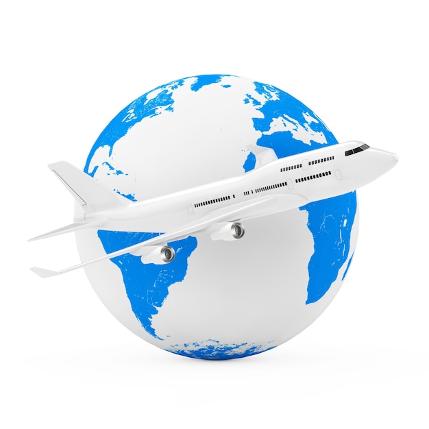 Flying Around the World Concept. White Jet Passenger's Airplane near Earth Globe on a white background. 3d Rendering.