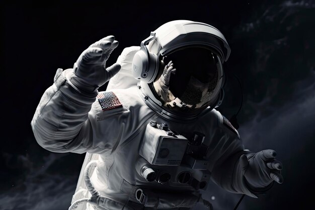 Flying astronaut from behind isolated on black background ai generative