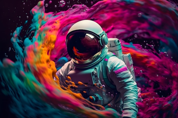 Flying astronaut in space on colorful background ai generated