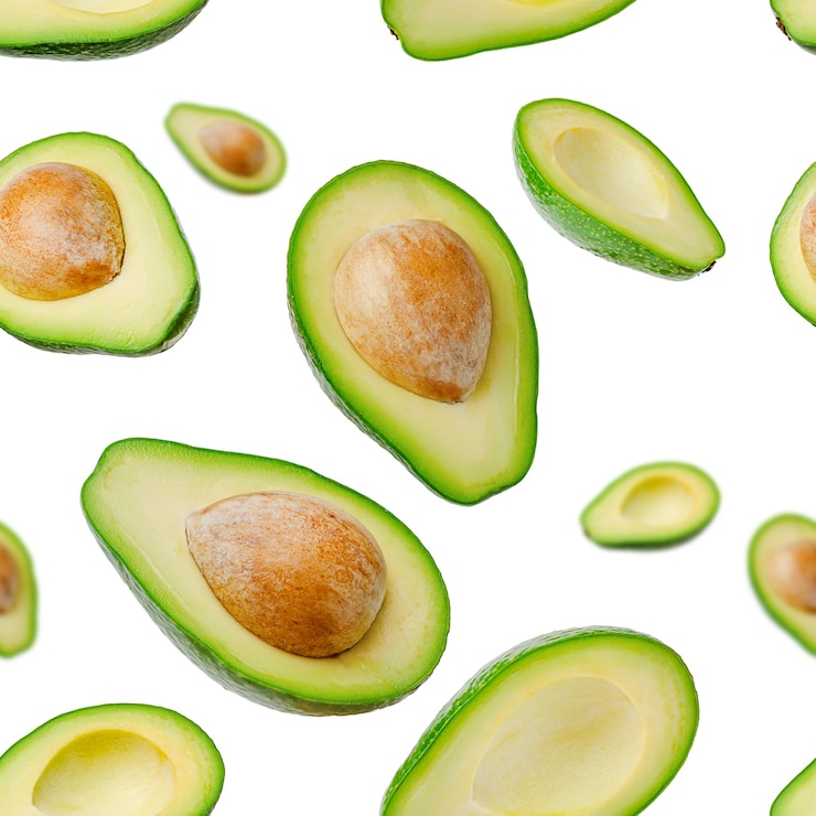 Photo flying avocado seamless pattern on white surface