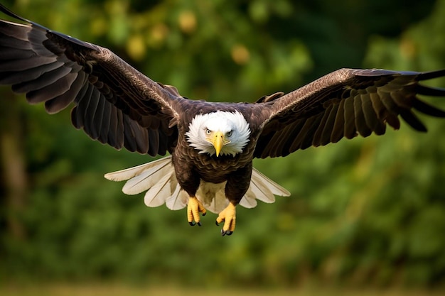 Flying bald eagle prepares to pounce on its prey