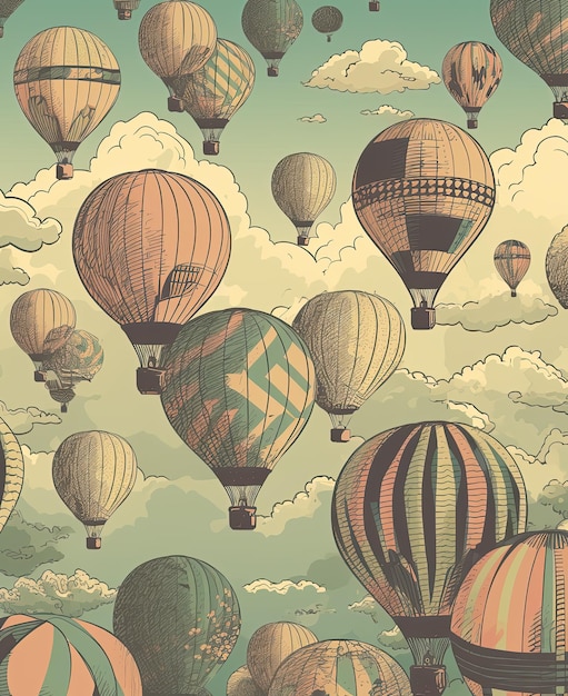 Flying balloons in the sky vintage style