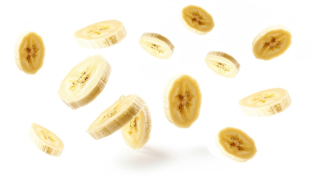 Flying banana slices isolated on white background Generative Ai