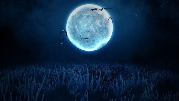 Photo flying bats halloween background night with big moon and grasses blew