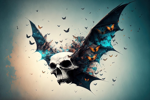 Flying bats over a skull