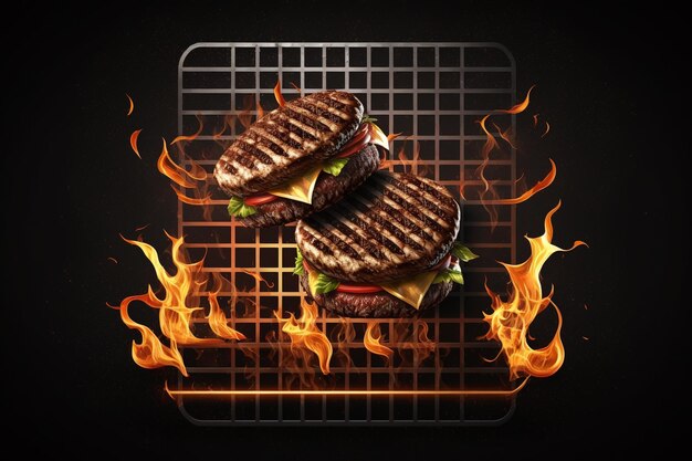 Flying beef hamburgers pieces above burning grill grid black background Barbecue and grill concept