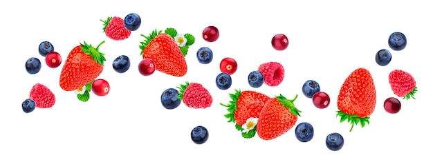 Flying berries isolated on white background with clipping path