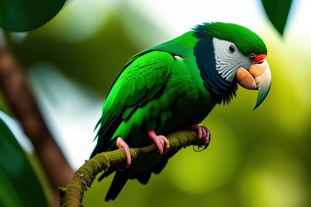 Flying big green ringed or Alexandrine parakeet Psittacula eupatria green forest in background