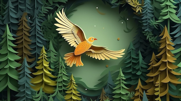 Flying bird in natural forest layered shape wavy background Generative AI