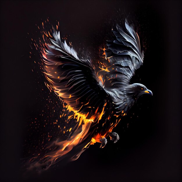 A flying bird with fire flames on black background