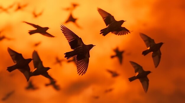 Flying birds birds silhouettes warm color nature background generative ai