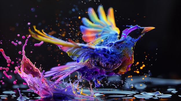 Flying birds flap their wings with scenes of colored liquid splashing on their bodies and wings